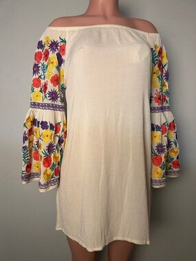 Velzera Floral Embroidered Off The Shoulder Tunic Mini Dress Bell Sleeves Sz M